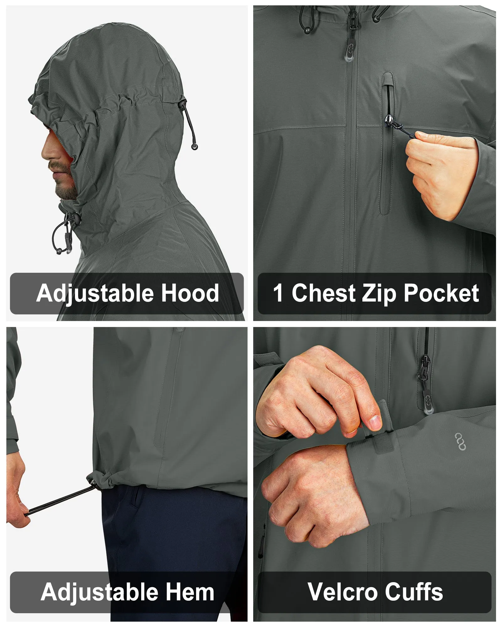 1.39 lbs 10000mm W/P Index 10000 Level Breathable Men's Packable Rain Jacket with 4 Multi Pockets