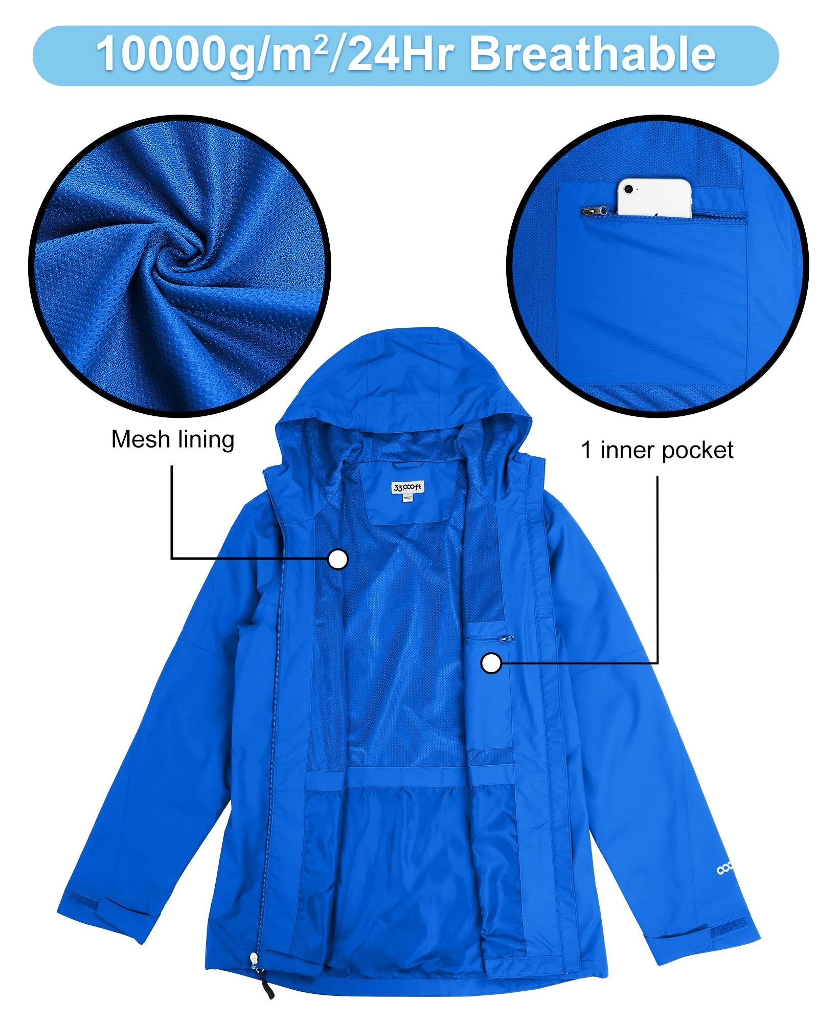 1.39 lbs 10000mm W/P Index 10000 Level Breathable Men's Packable Rain Jacket with 4 Multi Pockets