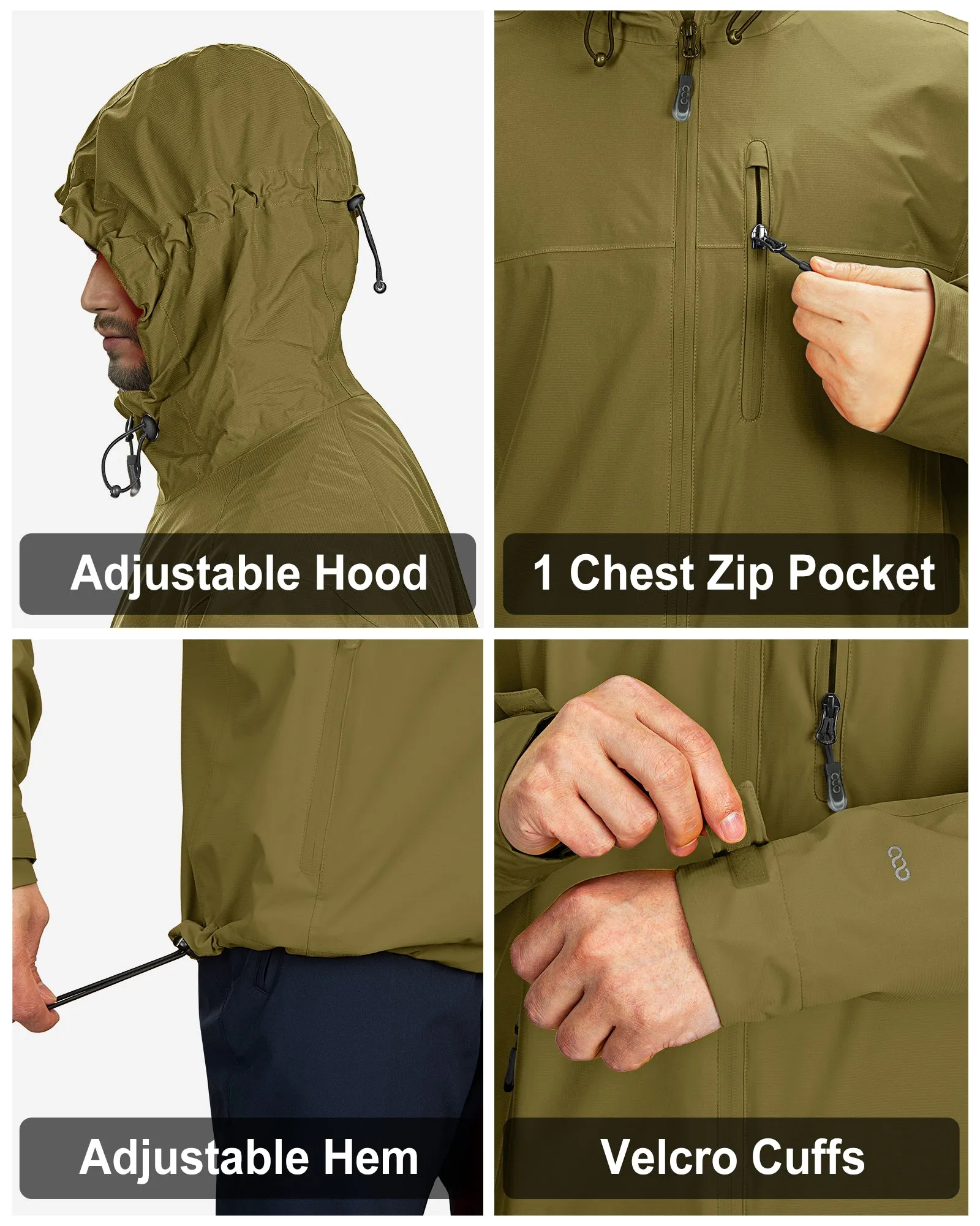 1.39 lbs 10000mm W/P Index 10000 Level Breathable Men's Packable Rain Jacket with 4 Multi Pockets