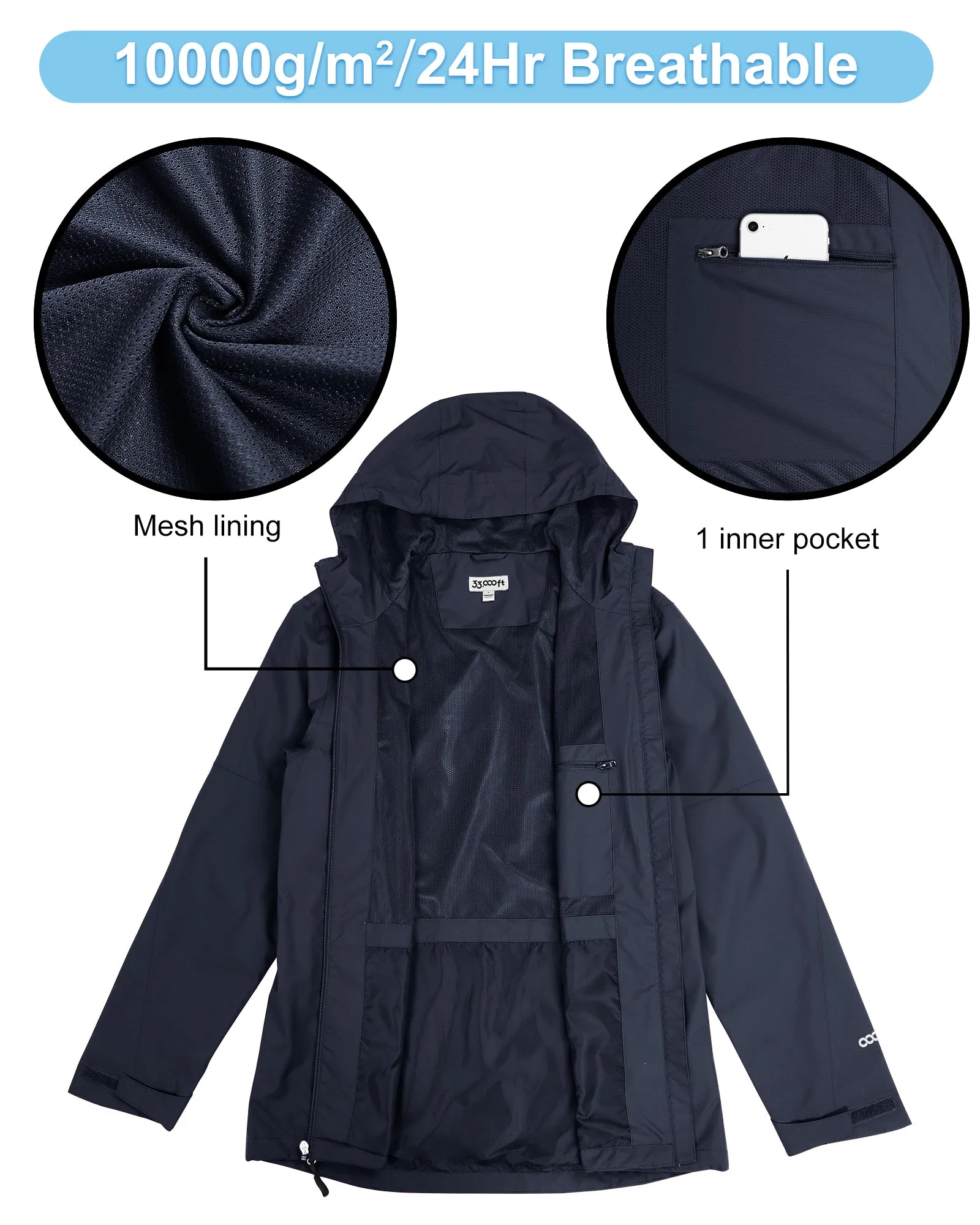 1.39 lbs 10000mm W/P Index 10000 Level Breathable Men's Packable Rain Jacket with 4 Multi Pockets