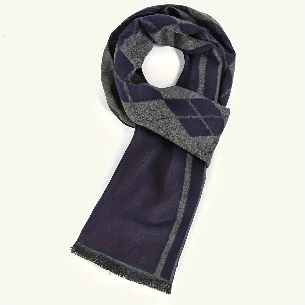 1pc Autumn And Winter Men's Striped Diamond Check Fashionable And Versatile Warm Scarf