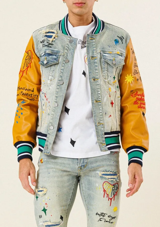 All Over Embroidered Varsity Denim Jacket