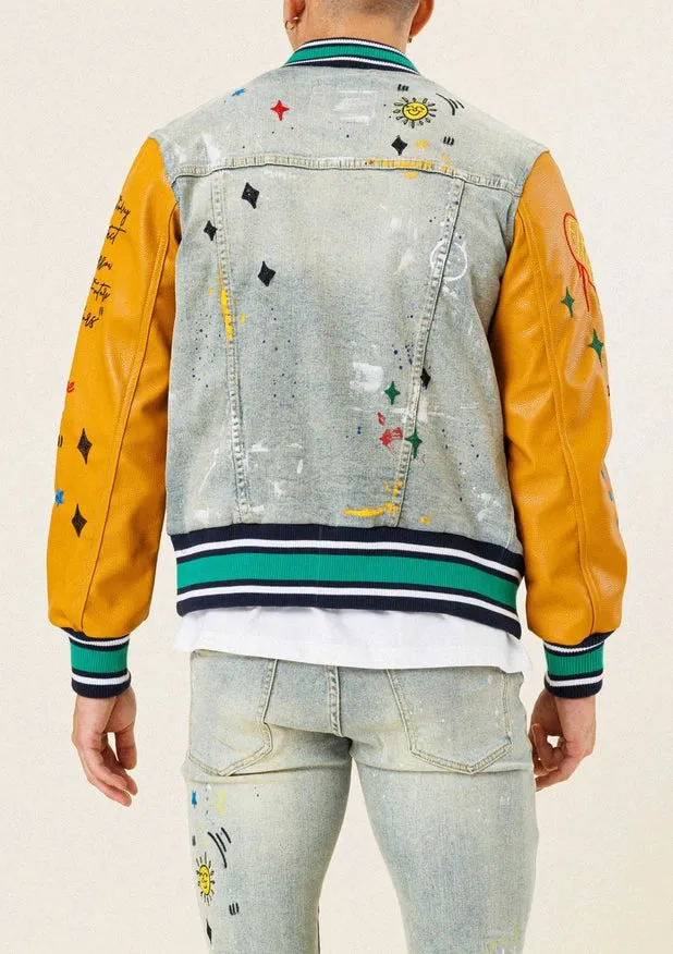 All Over Embroidered Varsity Denim Jacket