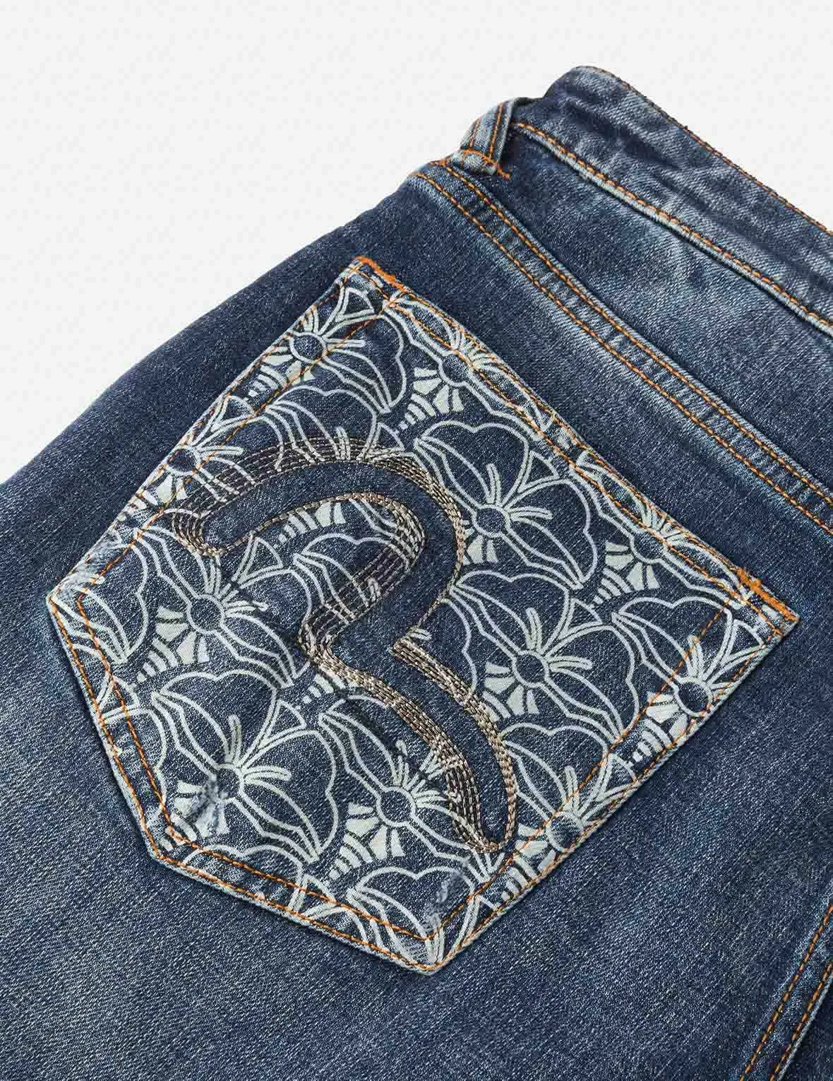 Allover Kamon Print and Seagull Embroidery pockets Fashion Fit Jeans