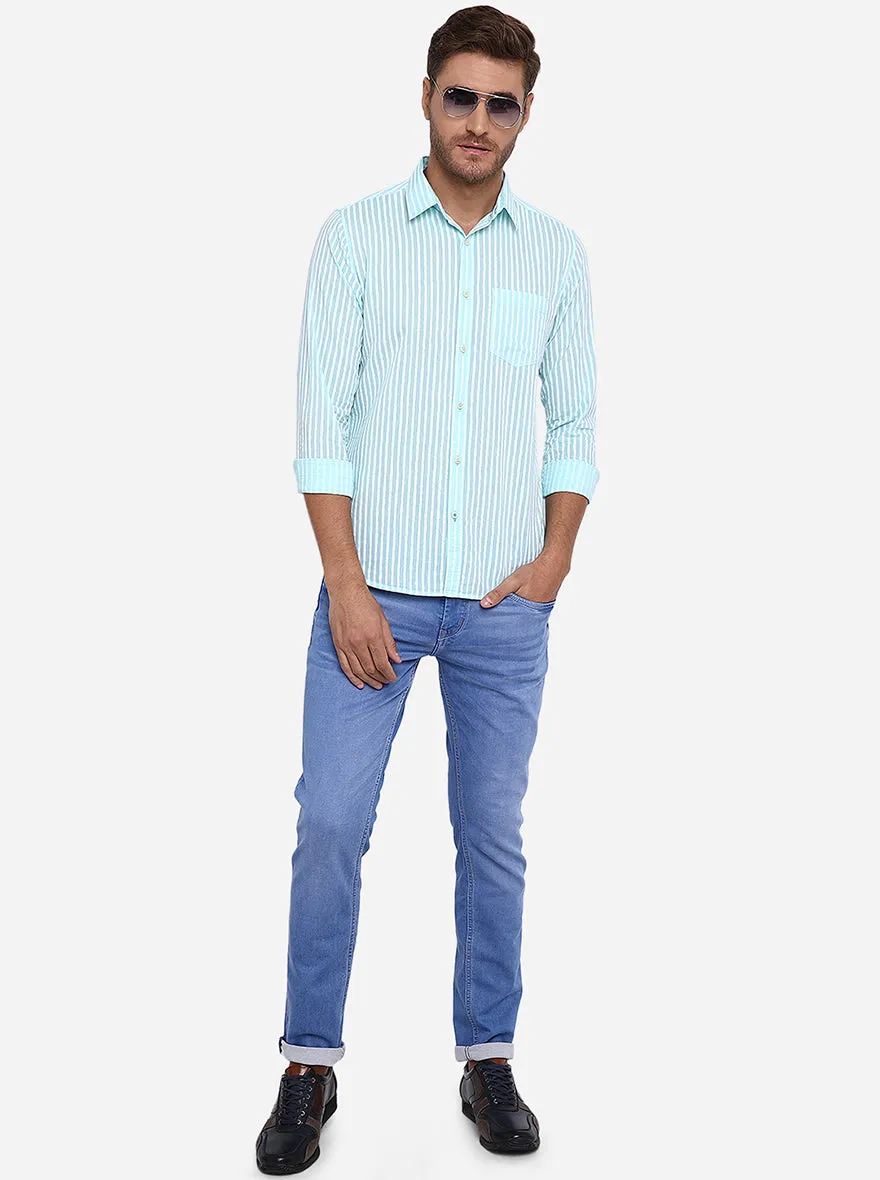 Aqua Blue Striped Slim Fit Casual Shirt | JadeBlue