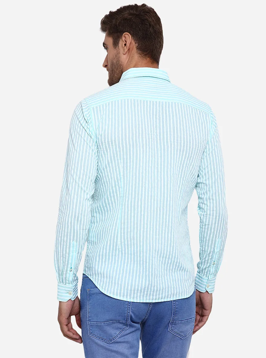 Aqua Blue Striped Slim Fit Casual Shirt | JadeBlue