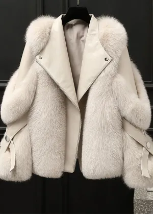 Beige Fox Collar Button Leather And Faux Fur Coats Winter