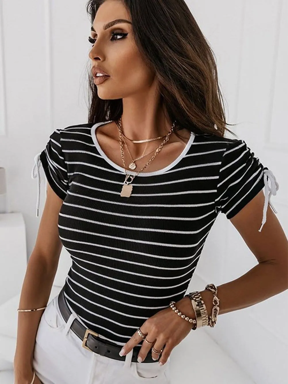 Black and White Striped Drawstring Sleeve Tee with Contrast Neckline