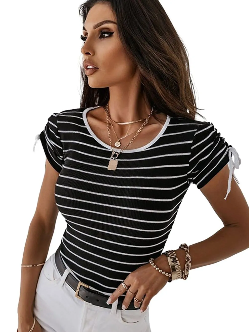 Black and White Striped Drawstring Sleeve Tee with Contrast Neckline