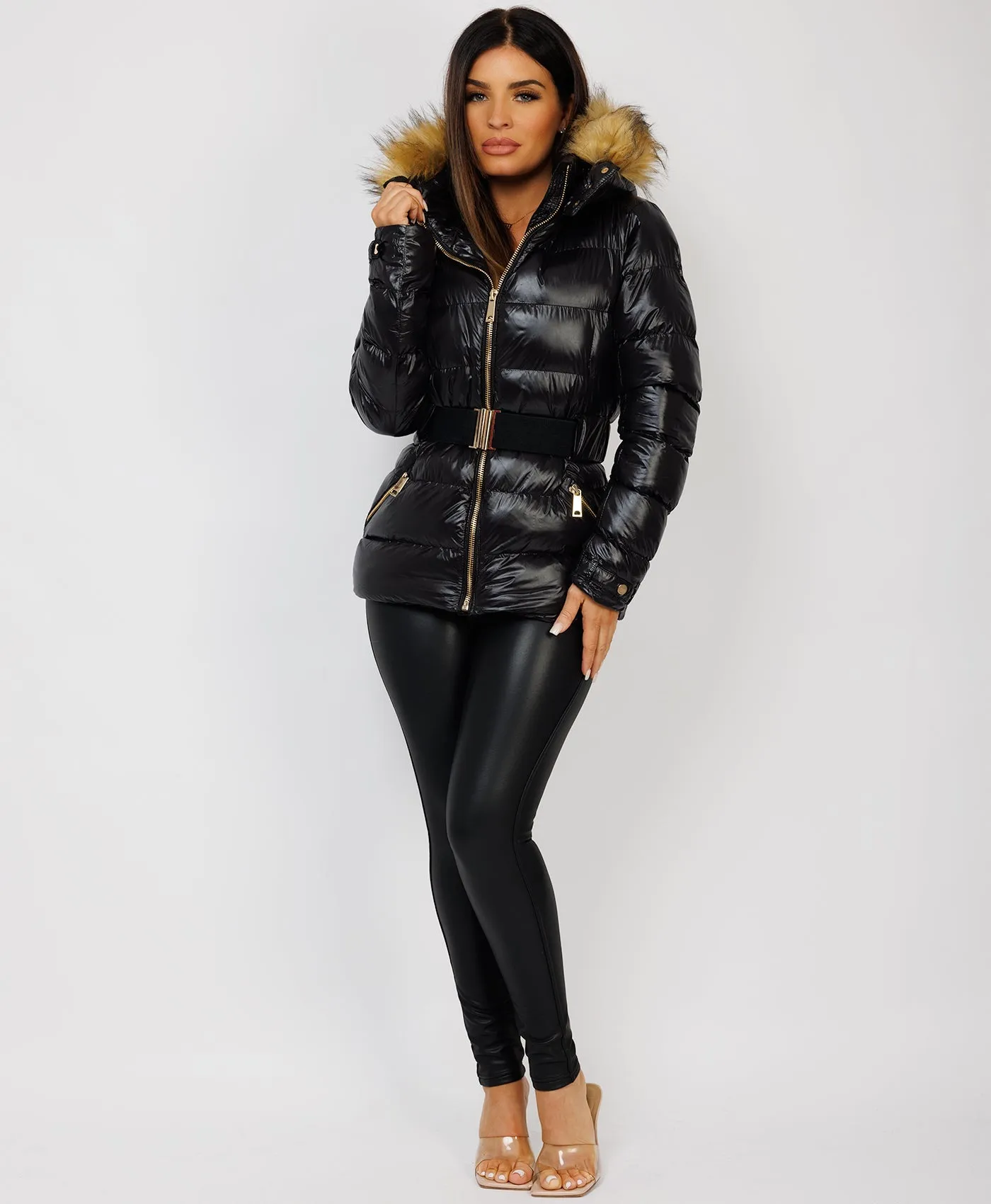 Black Shiny Puffer Waist Belted Faux Fur Hood Jacket