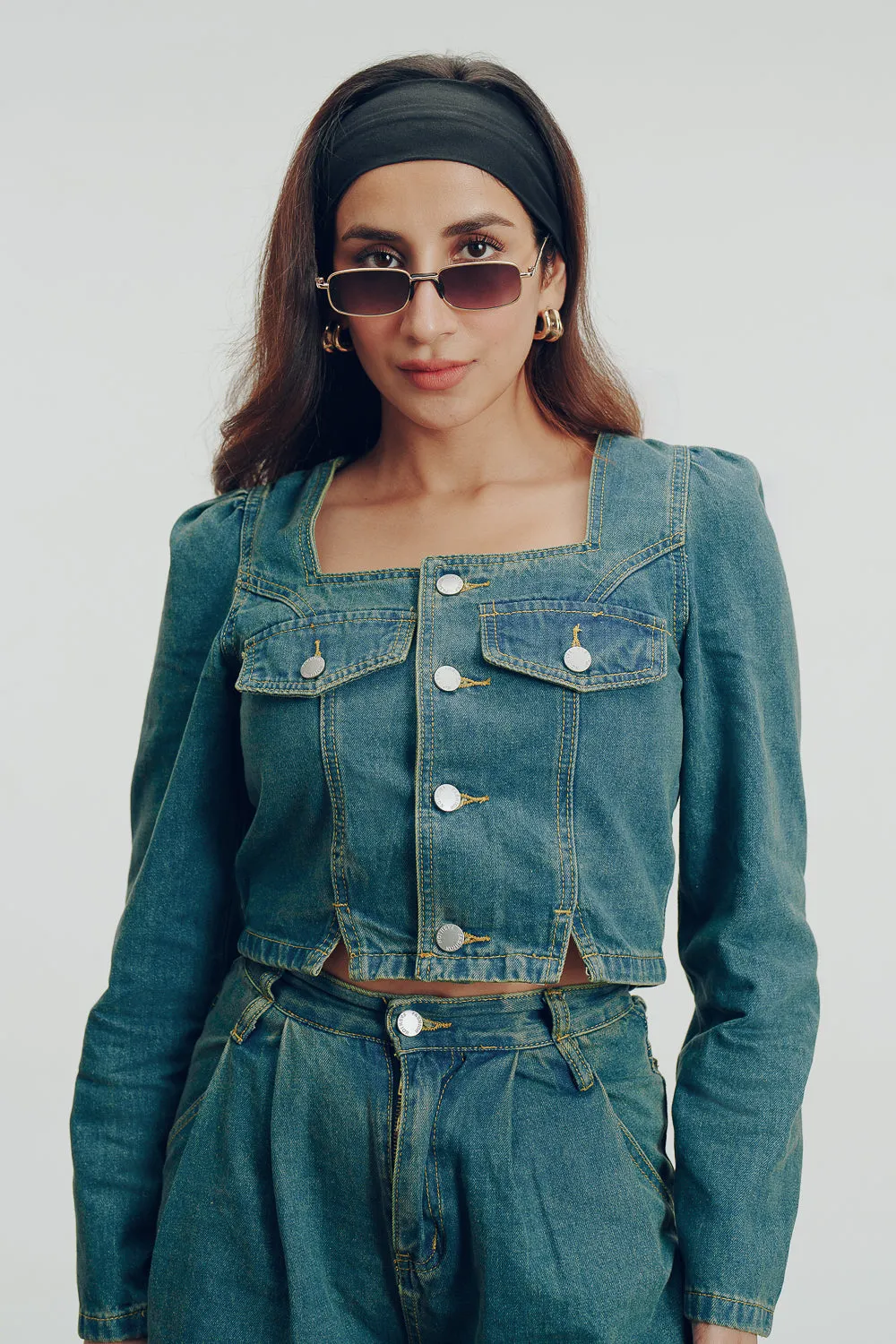 Blue Square Neck Denim Jacket