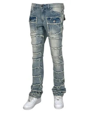 Blue Wash Stacked Jeans Men's Denim Pants Frayed Stack Fit with Pockets