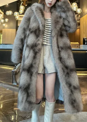 Bohemian Khaki Pockets Print Leather And Fur Long Coats Winter RD016