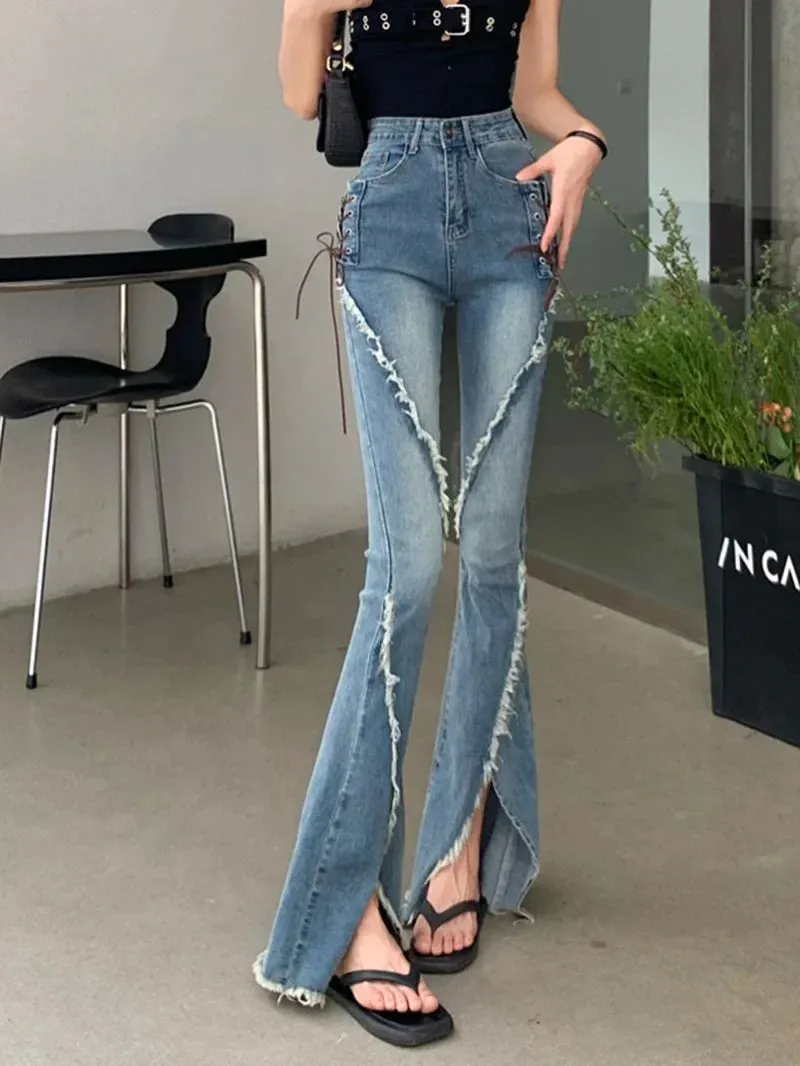 Bonnyshow Y2k Slit Raw Edge Strappy Flared High Waist Jeans Retro High Street Fashion Wide Leg Pants Hot Girl Casual Simple Trousers