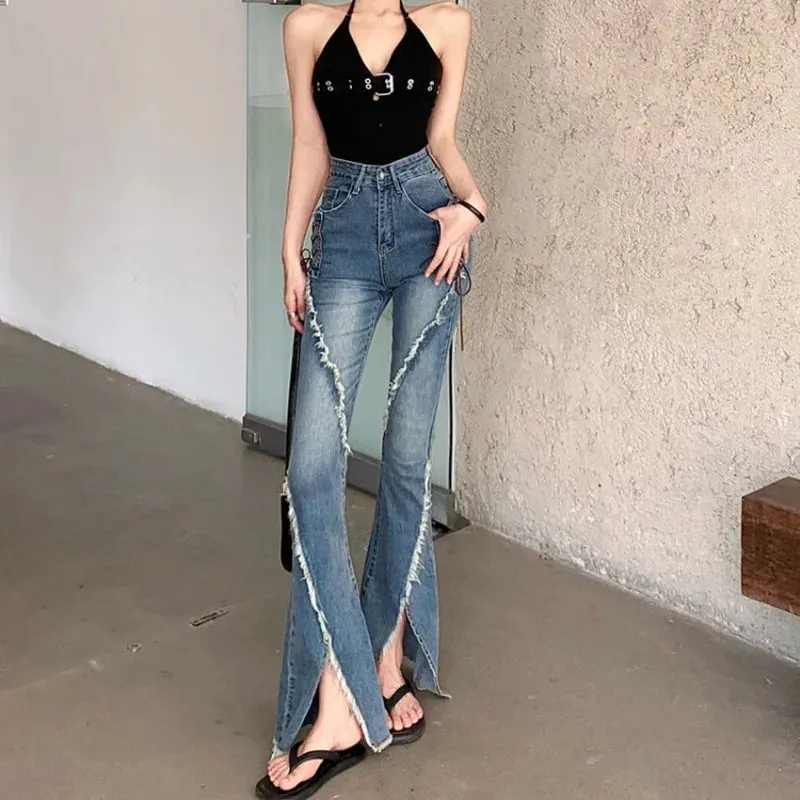 Bonnyshow Y2k Slit Raw Edge Strappy Flared High Waist Jeans Retro High Street Fashion Wide Leg Pants Hot Girl Casual Simple Trousers