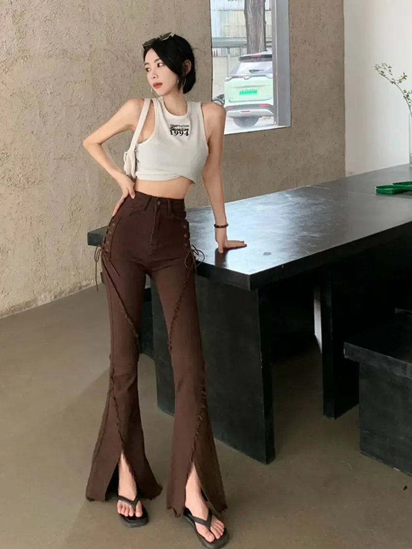 Bonnyshow Y2k Slit Raw Edge Strappy Flared High Waist Jeans Retro High Street Fashion Wide Leg Pants Hot Girl Casual Simple Trousers