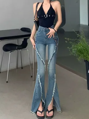 Bonnyshow Y2k Slit Raw Edge Strappy Flared High Waist Jeans Retro High Street Fashion Wide Leg Pants Hot Girl Casual Simple Trousers