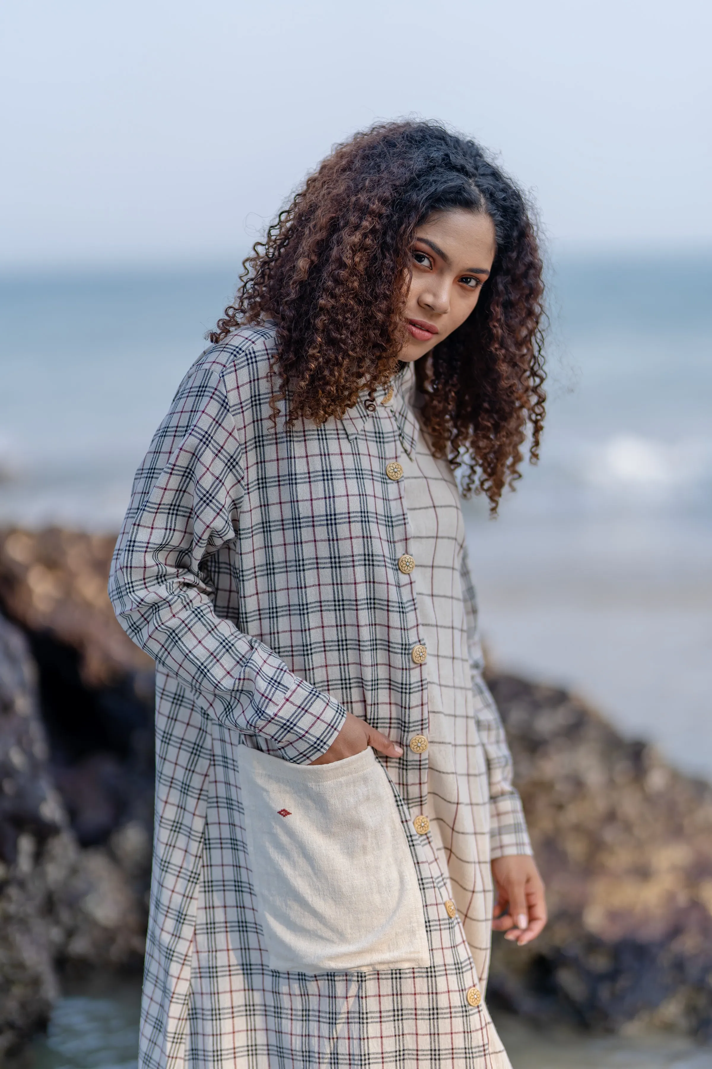 Buttoned Cotton Shirt Dress with Checks Pattern