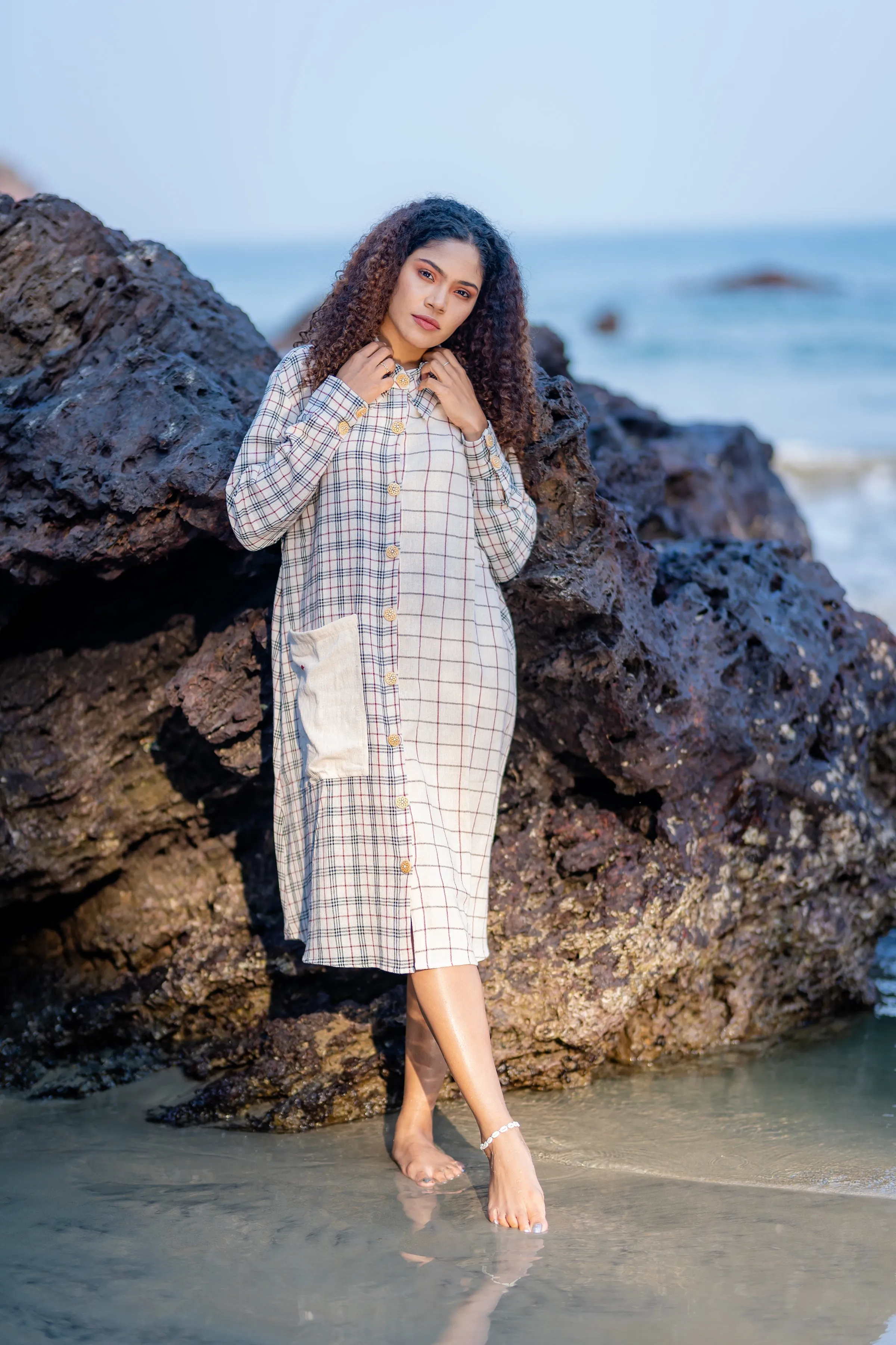 Buttoned Cotton Shirt Dress with Checks Pattern