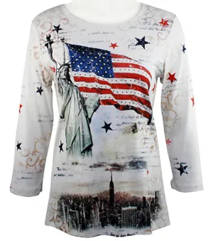 Cactus Fashion - Liberty Flag, 3/4 Sleeve V-Neck Cotton Print Rhinestone Top