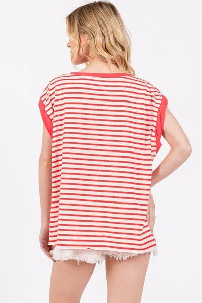 Ces Femme Side Slit Striped Cap Sleeve T-Shirt