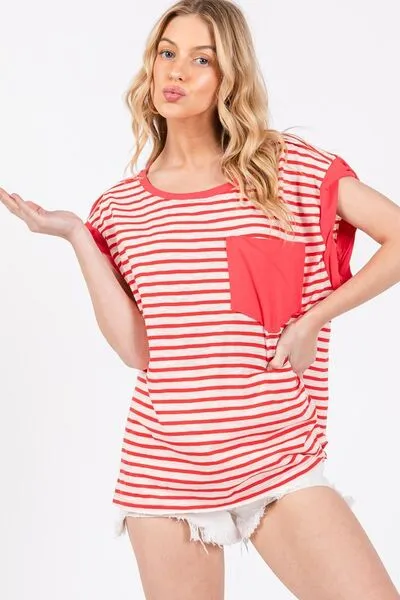 Ces Femme Side Slit Striped Cap Sleeve T-Shirt