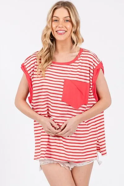 Ces Femme Side Slit Striped Cap Sleeve T-Shirt