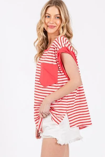 Ces Femme Side Slit Striped Cap Sleeve T-Shirt