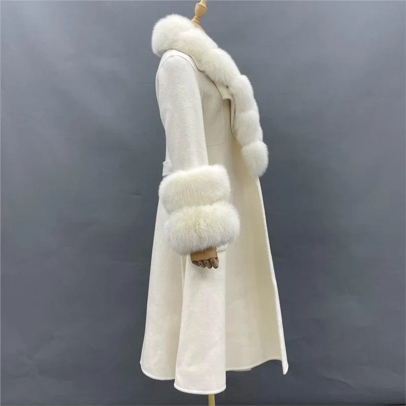 Chic Reversible Cashmere Coat with Fox Fur Trim - Women's Winter Elegance