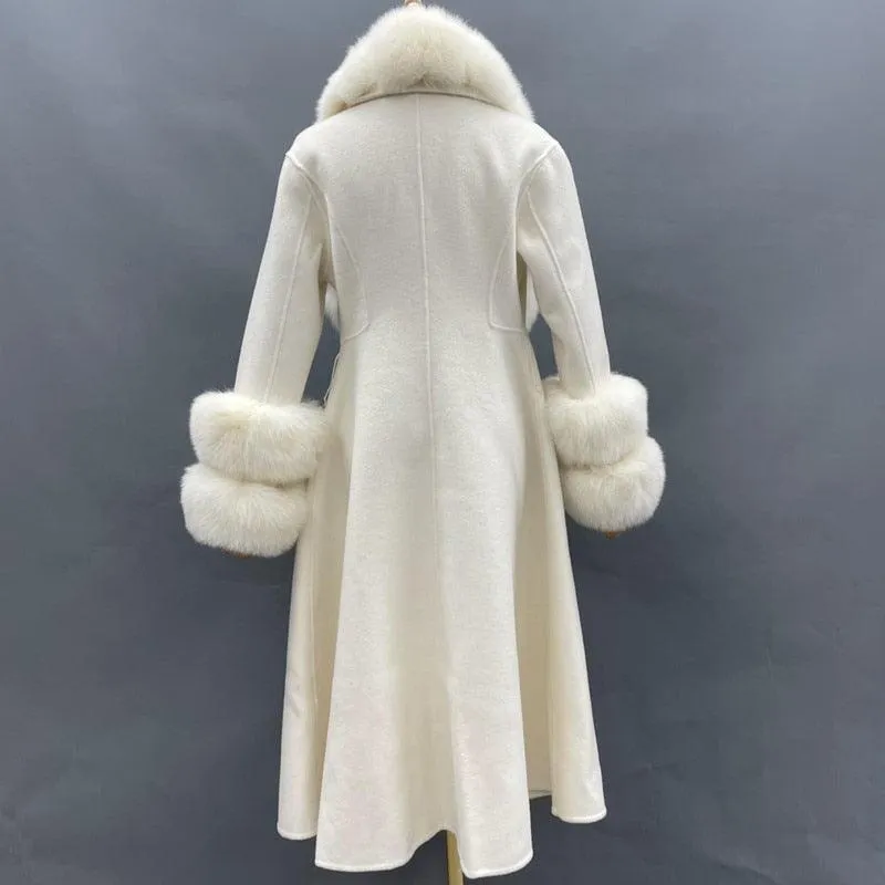 Chic Reversible Cashmere Coat with Fox Fur Trim - Women's Winter Elegance