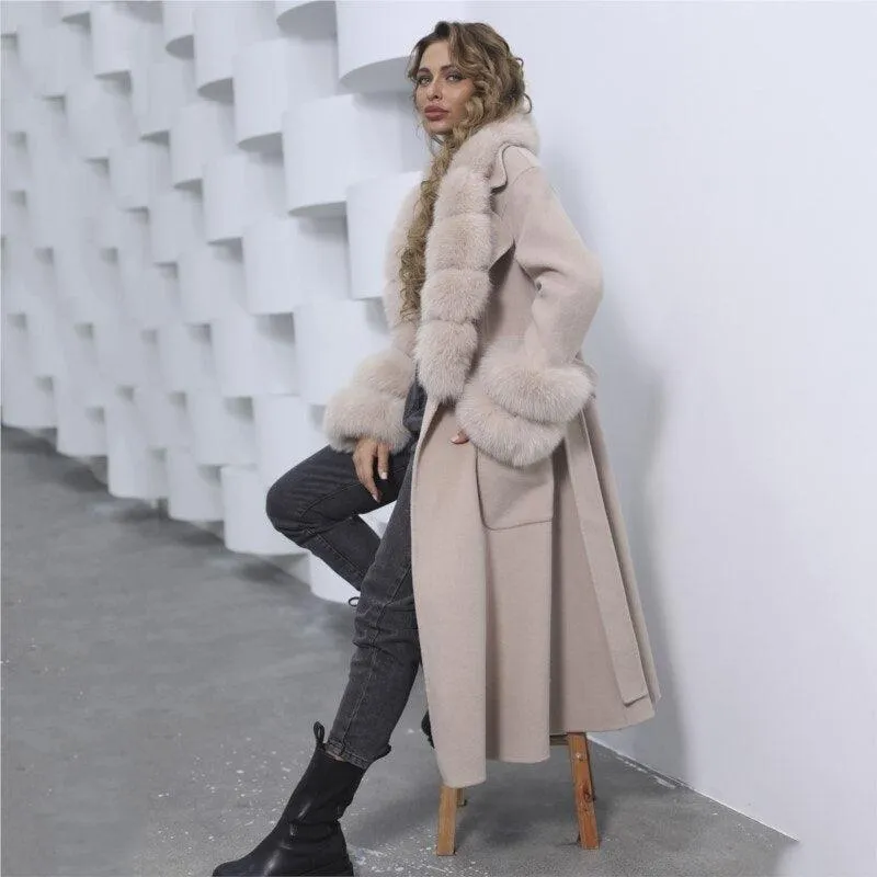 Chic Reversible Cashmere Coat with Fox Fur Trim - Women's Winter Elegance