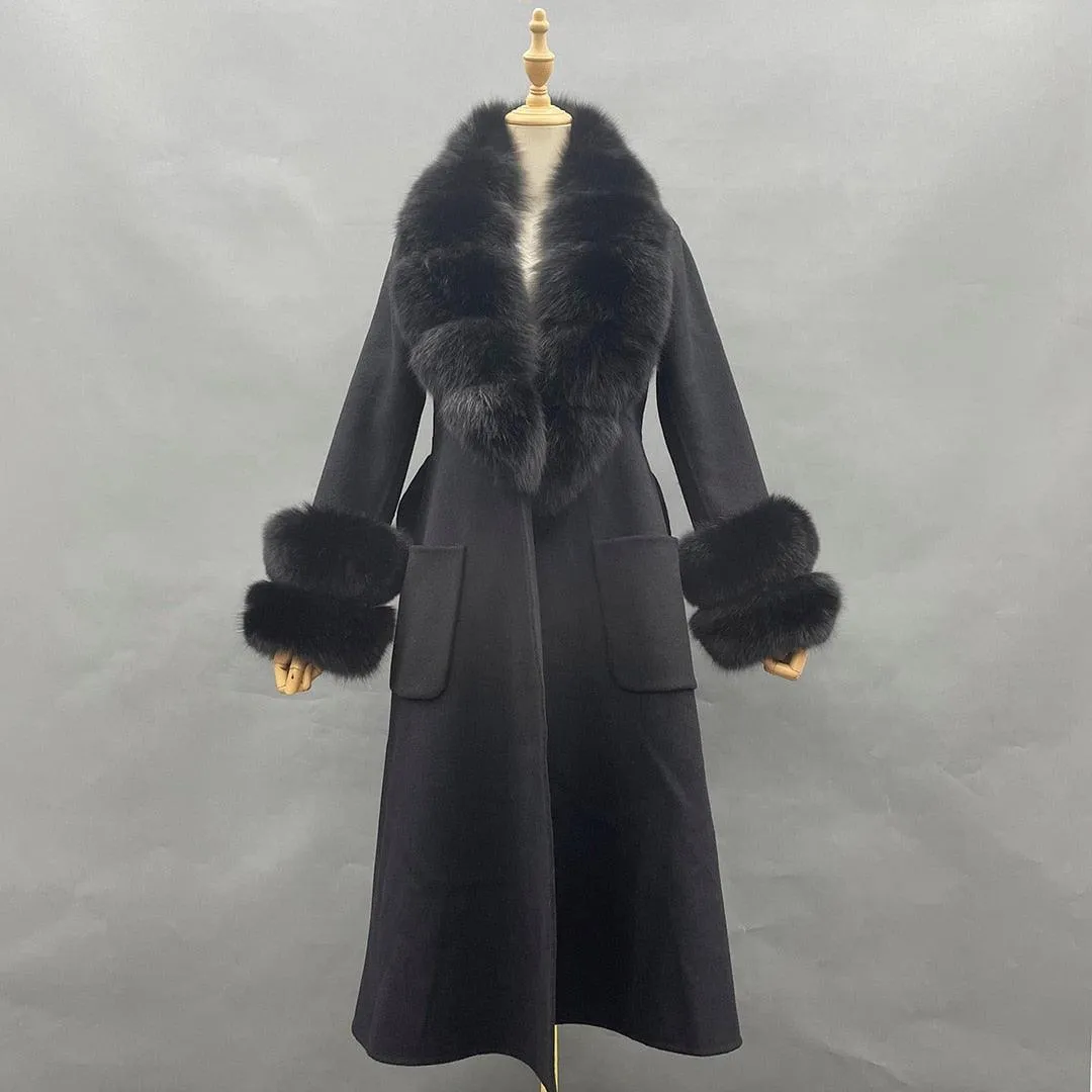 Chic Reversible Cashmere Coat with Fox Fur Trim - Women's Winter Elegance