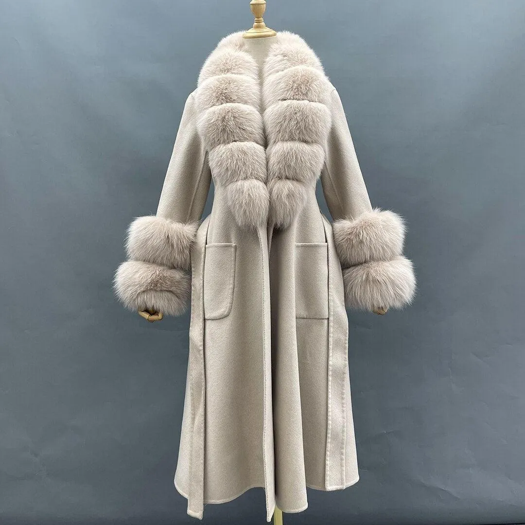 Chic Reversible Cashmere Coat with Fox Fur Trim - Women's Winter Elegance