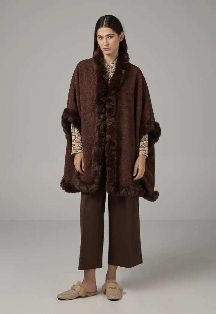 Choice Faux Fur Hems Poncho Brown