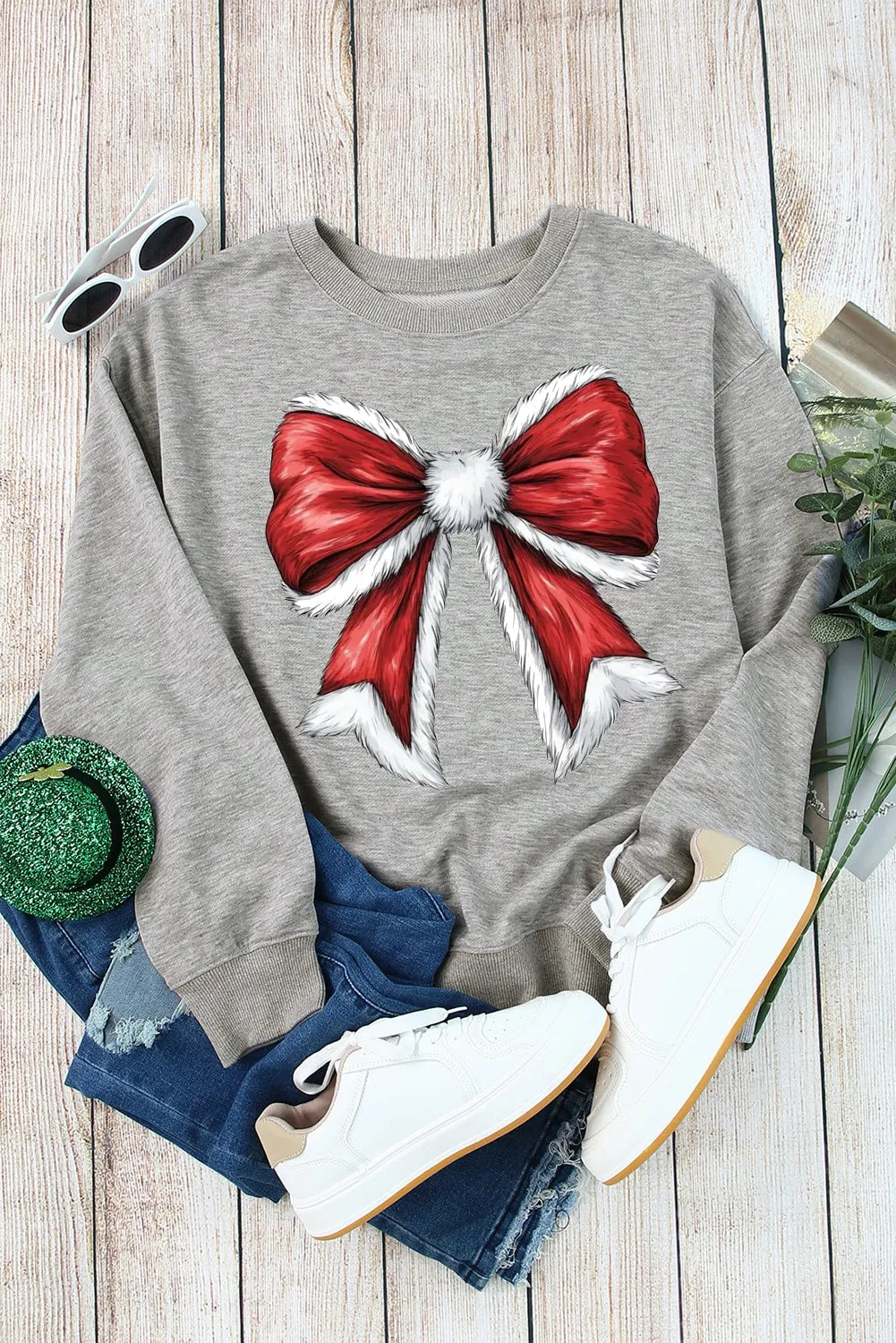 Christmas Big Bow Pattern Crew Neck Pullover Sweatshirt