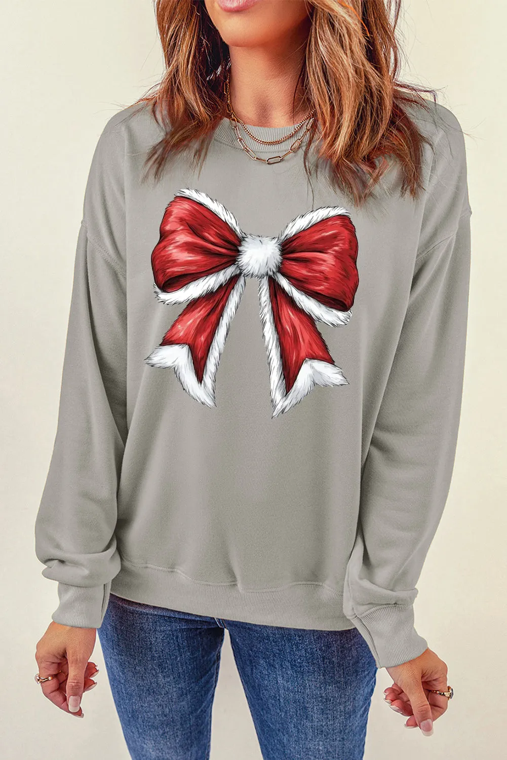 Christmas Big Bow Pattern Crew Neck Pullover Sweatshirt