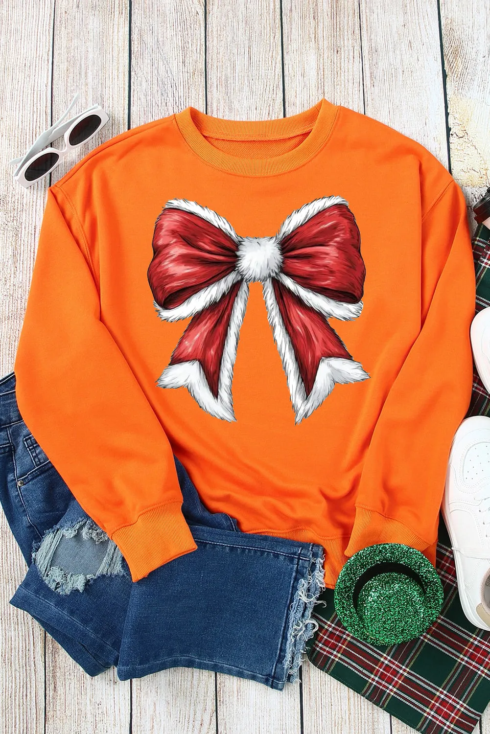 Christmas Big Bow Pattern Crew Neck Pullover Sweatshirt