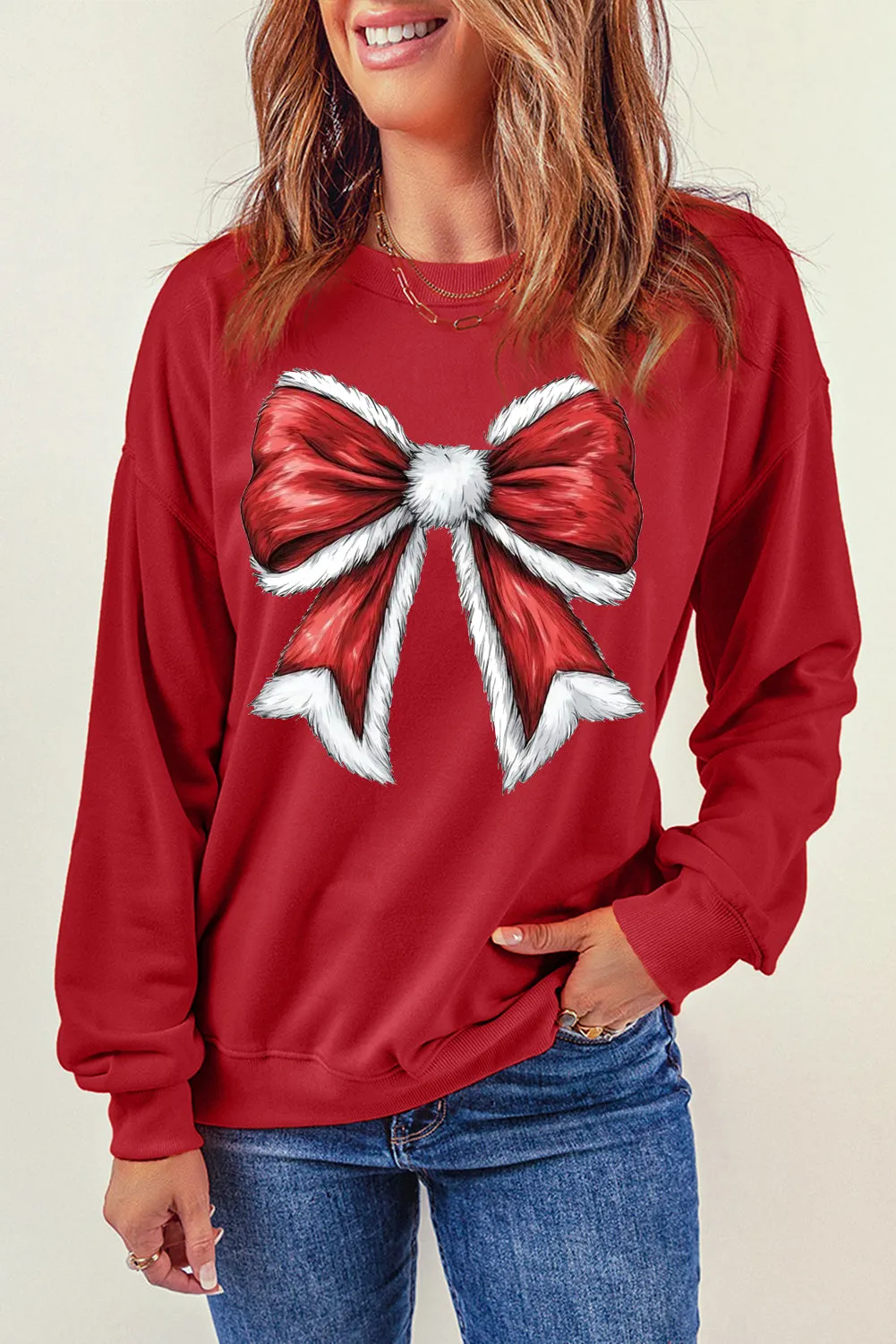 Christmas Big Bow Pattern Crew Neck Pullover Sweatshirt