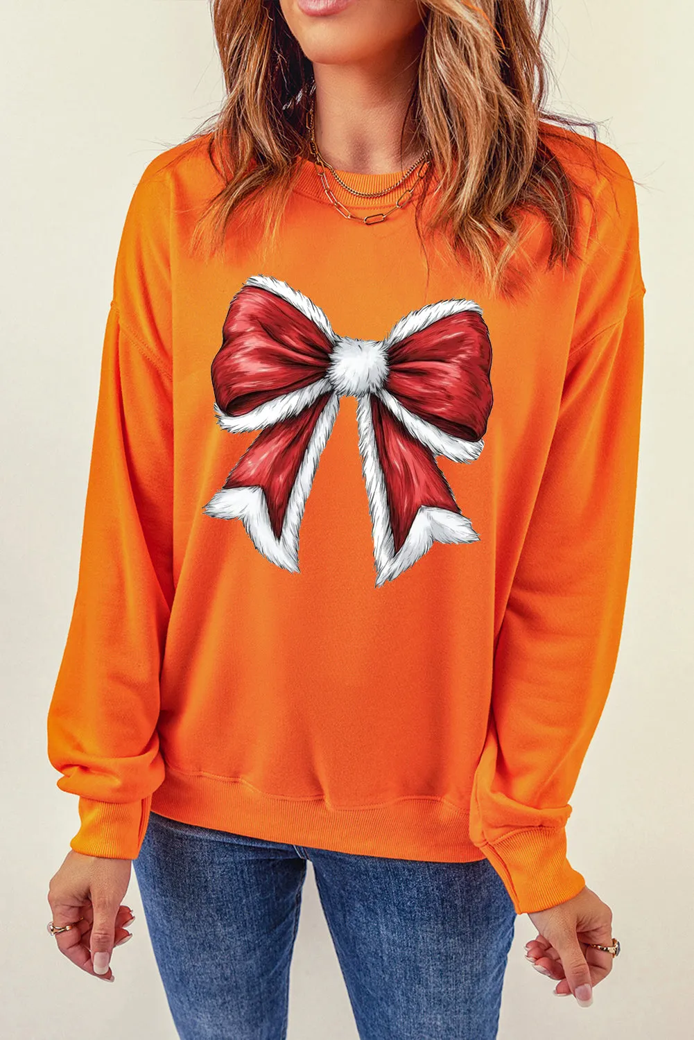 Christmas Big Bow Pattern Crew Neck Pullover Sweatshirt