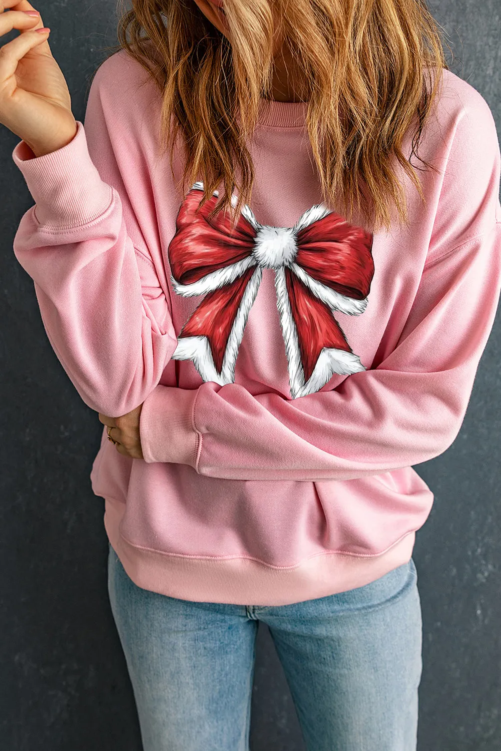 Christmas Big Bow Pattern Crew Neck Pullover Sweatshirt