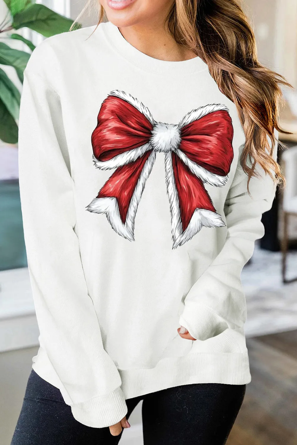 Christmas Big Bow Pattern Crew Neck Pullover Sweatshirt