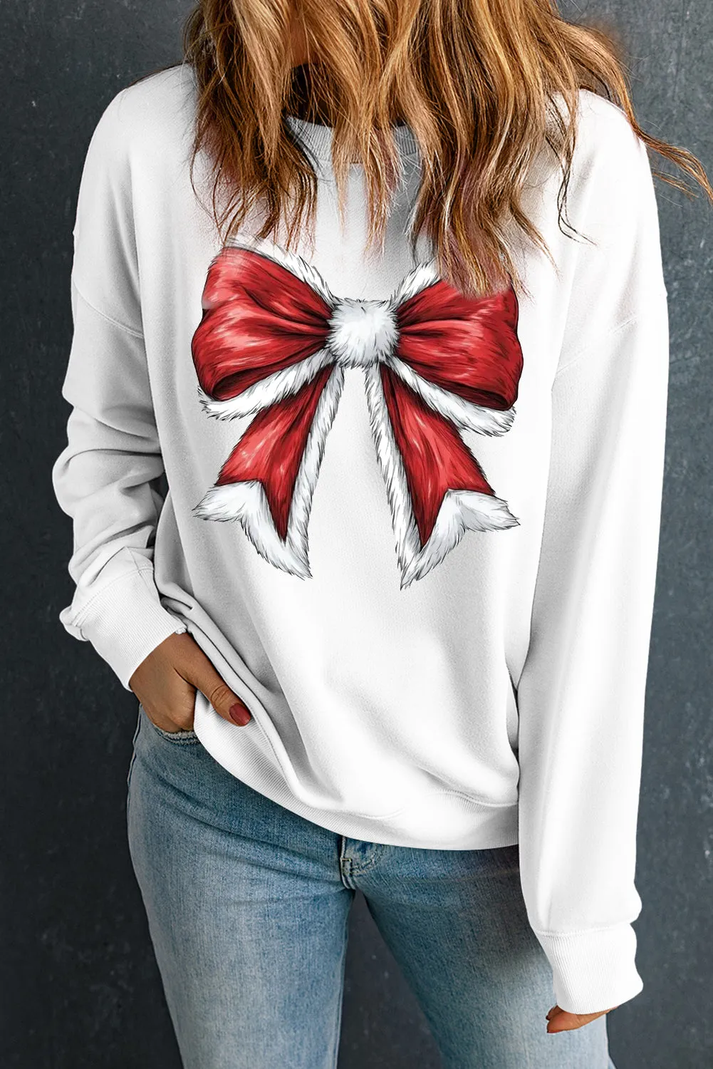 Christmas Big Bow Pattern Crew Neck Pullover Sweatshirt