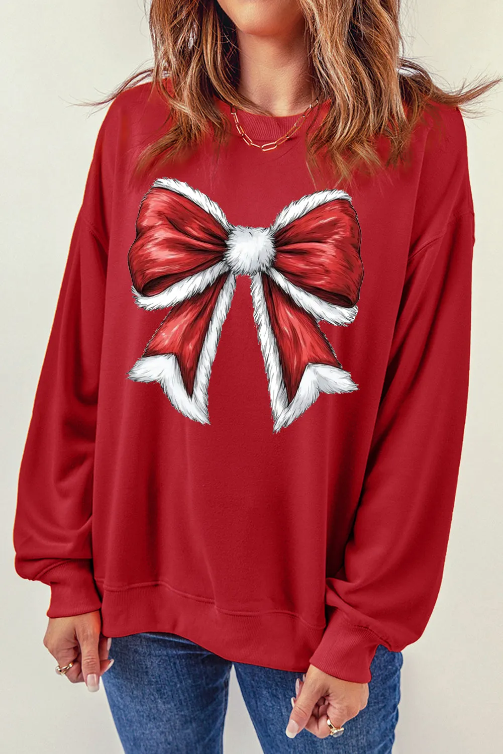 Christmas Big Bow Pattern Crew Neck Pullover Sweatshirt