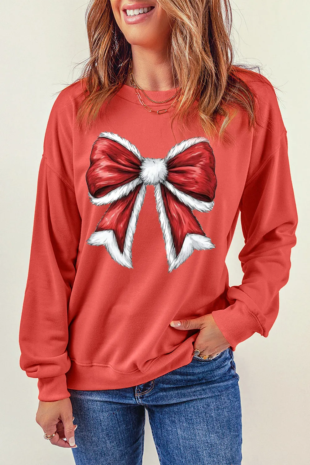 Christmas Big Bow Pattern Crew Neck Pullover Sweatshirt