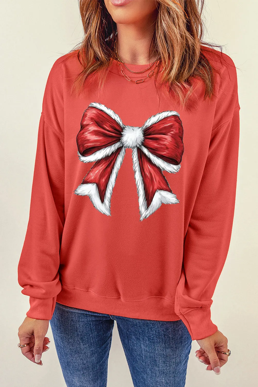 Christmas Big Bow Pattern Crew Neck Pullover Sweatshirt