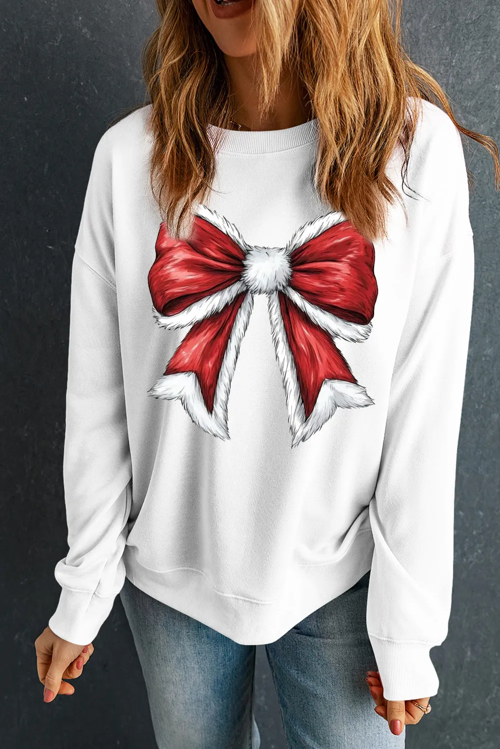 Christmas Big Bow Pattern Crew Neck Pullover Sweatshirt