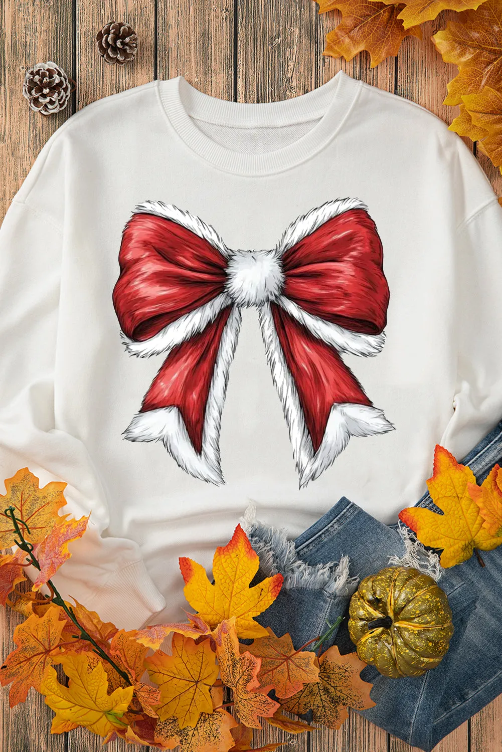 Christmas Big Bow Pattern Crew Neck Pullover Sweatshirt