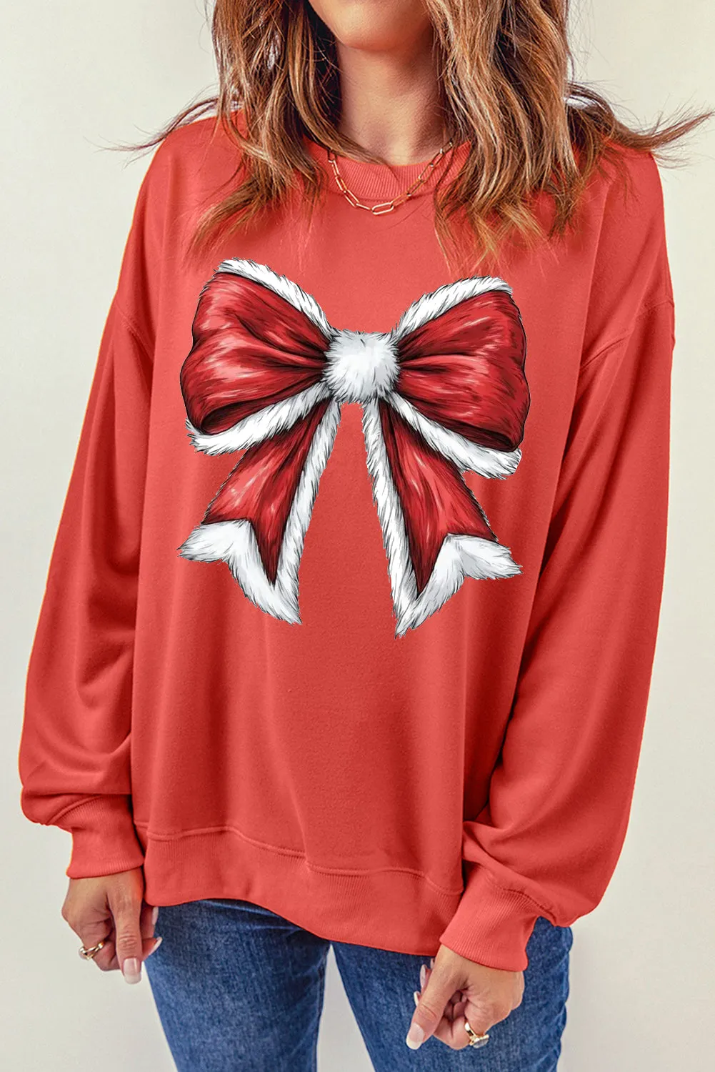 Christmas Big Bow Pattern Crew Neck Pullover Sweatshirt