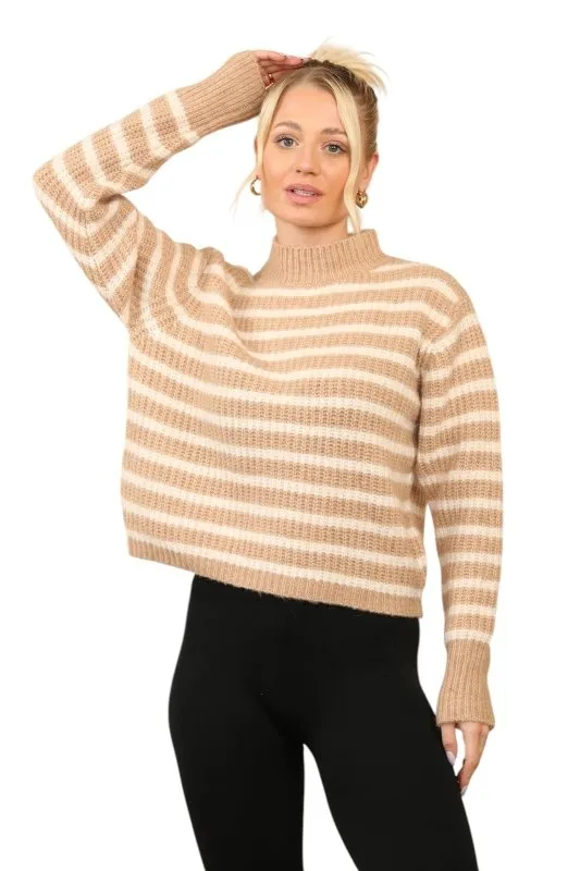 Cosy Striped Jumper with Mock Neck – Soft Acrylic Knit