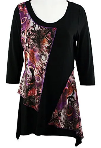 Creation - Purple Peacock Feathers, Asymmetric Hem Geometric Print Tunic